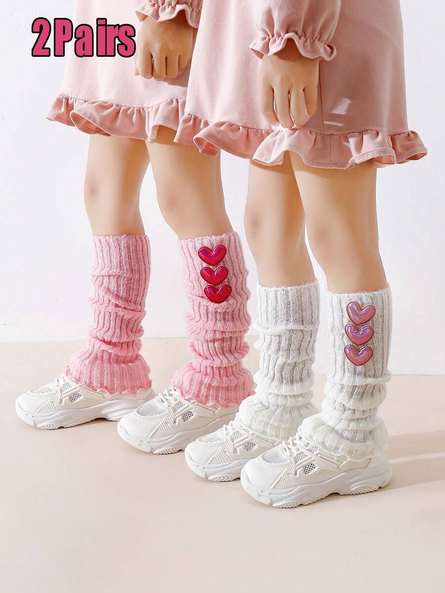 2 双儿童可爱时尚保暖腿套，心形装饰，适合女孩日常和节日服装，秋冬季 - 彩色 - 查看 1