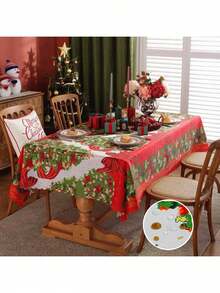 Une nappe de Noël joyeuse - motifs de fleurs rouges et d'arbres de Noël, en polyester, décorations rectangulaires pour le repas de fête