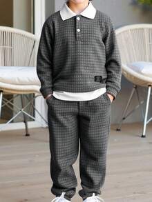 2pcs/Set Boys' Colorblock Long Sleeve Polo Shirt And Casual Comfortable Pants Outfit, Fashionable And Suitable For Outdoor, Spring/Autumn