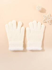 1 双儿童针织手套，带毛皮饰边，保暖针织内衬手套，适合男孩和女孩，秋冬季，适合学生户外使用