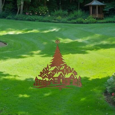 1pc Vintage Metal Christmas Decor Sign - Distressed Iron Garden Art With Holiday Tree Design, Ideal For Outdoor Holiday Decor, Thanksgiving, Halloween And Yard Display, Unique Gift For Family, Christmas Ornament, Tree Topper, Rustic Garden Decor, Outdoor Garden Decor Sign, Candle Holder Lantern, Garden Decor, Halloween Decoration