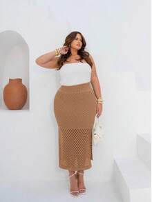 Plus Size Midi Skirt With Openwork Fabric In Modal Knit, Elegant, Casual - Beige - View 6