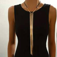 1 Piece Y-Shaped Necklace - Vintage Simple Snake Chain With Tassel Design, Gold Tone And Black Contrast, Women's Long Sweater Chain, Versatile For All Year Round Party And Daily Accessories Local Warehouse - 腹股溝 - 查看 6