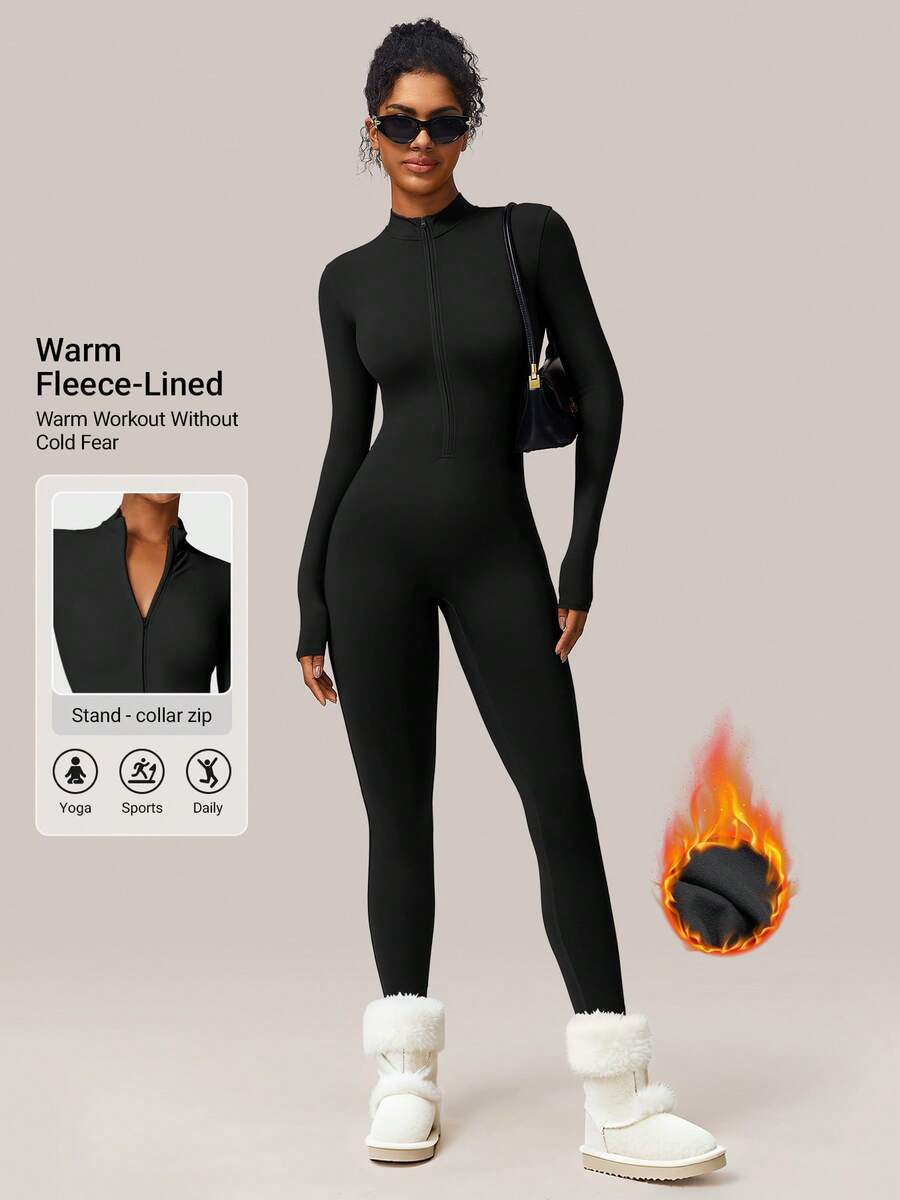 YEOREO Winter Skiwear Fall Clothes For Women Fleece Long Sleeve Zipper Jumpsuit Zip Up Romper Bottom Pants Bodysuit Bodycon Sexy One Piece Fabric Spandex Tops Stretchy Flexible Bodysuit - 黑色 - 查看 1