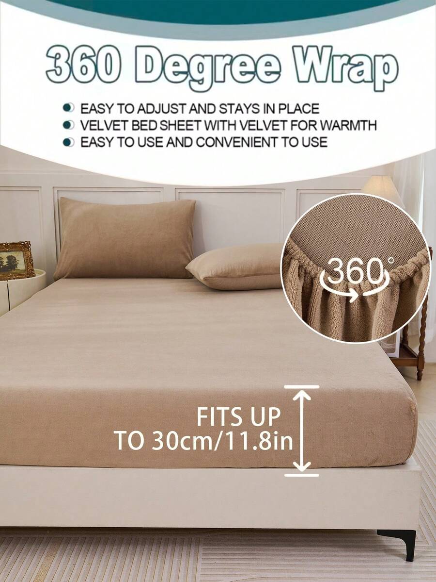 2/3pcs Coffee Brown Velvet Fitted Sheet Set, Warm & Soft, Solid Velvet Fitted Sheet Bedding Set, Available In Sizes: Super King, King, Queen, Twin, Luxurious Ultra-Soft Bottom Fabric, 11.8-Inch Deep Pocket Design, Suitable For Autumn, Winter & Spring, Includes 1 Fitted Sheet And 1/2 Pillowcases. - Camel - View 1