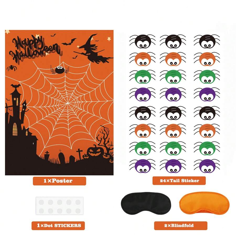 万圣节派对游戏 - 固定蜘蛛网万圣节派对游戏活动用 24 张蜘蛛贴纸固定尾巴，用于万圣节派对用品课堂游戏 - 彩色 - 查看 1