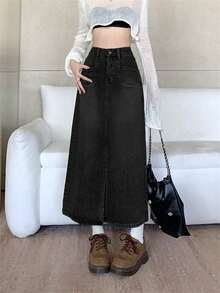 洗水长款牛仔裙，休闲秋装 - 黑色 - 查看 6