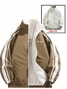 男士双面立领长袖夹克，时尚休闲新款羊羔绒外套 - 咖啡棕 - 查看 1