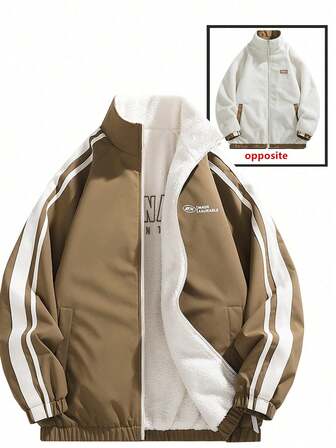 Men's Reversible Stand Collar Long Sleeve Jacket, Fashionable Casual New Sherpa Fleece Outerwear