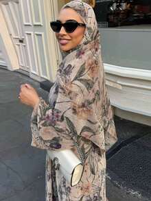 Hafizah 优雅长袖女式长款罩衫，花卉印花梭织面料，略带弹性，适合度假春季穿着 - 棕色 - 查看 5