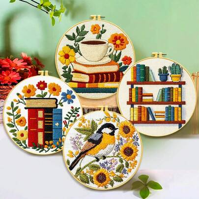 11CT Cross Stitch DIY Kit, Beginner Starter Set, Bookshelf Floral Pattern, Home Decor Creative Gift