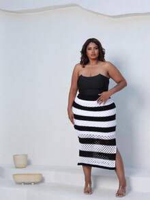Plus Size Midi Skirt With Openwork Fabric In Modal Knit, Elegant, Casual - Black With White - View 3