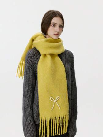 1pc Women's Thick Soft Wool Blend Solid Color Bow Scarf, Warm & Comfortable Neck Wrap Shawl, Fashion & Minimalist Design, Suitable For Couples, Autumn/Winter