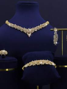 5pcs 18K Gold Plated Luxury Royal Style V-Shaped Geometric Design Bridal Wedding Jewelry Set, Suitable For Daily, Wedding, Gala Wear, Wedding Anniversary Gift (Gift Box Packaging) Complimentary - V Shape Bridal Wedding Set - View 11