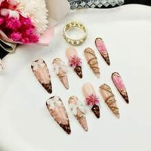 10pcs Pure Hand-Wom Nail,3D White Bow, Pink Floral Art, Gold Dots & Pearl Details | Nude Pink Chic Fake Nails For Women - Perfect For Parties, Dates, Daily Style & Special Occasions,Stiletto Press - On Nails With Leopard Print - 杏色 - 查看 1