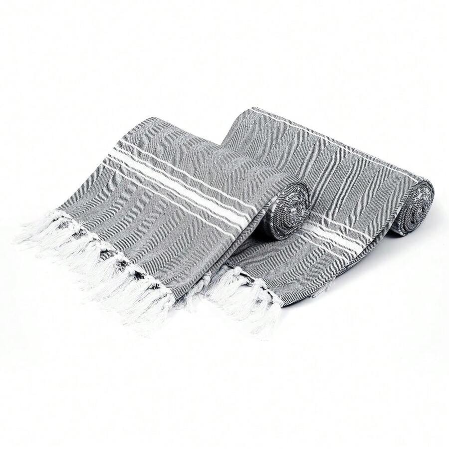 Turkish Beach Towel -Large Beach Towels Oversized 2 Pack - Soft Durable Compact Lightweight Quick Dry Sand Free Bath Pool Towel Set For Beach Gifts  Vacation Travel - Black - 黑色的 - 查看 1