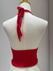 Simple, Knitted, Cable Knit, Backless, Beach, Tie-Up Crop Top - Red - View 3