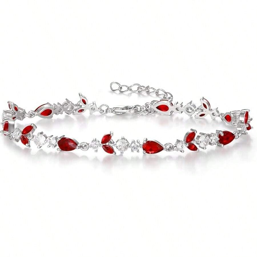 Crysdue Wedding Bridal Link Bracelet Brides Bridesmaids, Marquise Cubic Zirconia Tennis Bracelets Women Prom Jewelry - 02_紅色,銀色 7.5-9.1英寸 - 查看 1