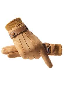 1 双男士秋冬时尚仿麂皮保暖防风触屏手套，户外休闲骑行驾驶雪地手套