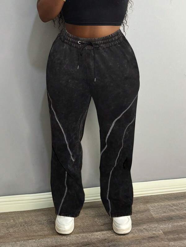 LovelyWholesale Pantaloni sportivi da donna con coulisse e motivo a venature, dritti, per l'autunno quotidiano