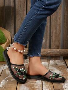 女士绿色刺绣穆勒拖鞋，露背一脚蹬平底鞋，优雅休闲室内/室外透气舒适拖鞋 - 黑色 - 查看 5