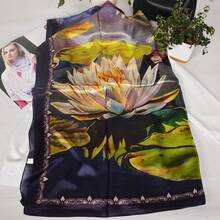 100% Mulberry Silk Scarf For Women Lightweight Long Scarves Beach Wraps Cover Up -Travel Photography Scarfhalloween - 紫藍蓮花 - 查看 2