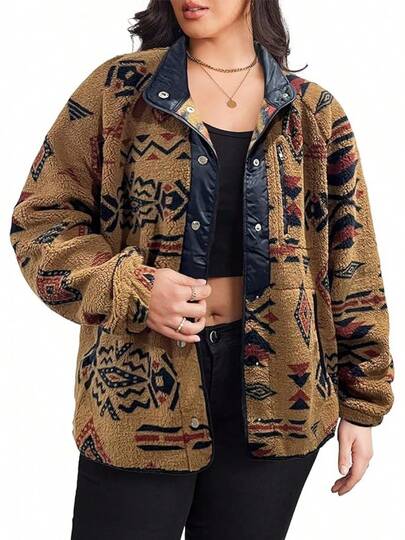 Plus Size Womens Fleece Jacket Western  Print Long Sleeve Snap Button Down Shacket With Pocketshalloween