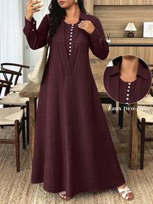 UrbanChic 腰线双层门襟超大开衩裙摆长连衣裙，适合返校、外出、浪漫假日、夏季假日、婚礼及活动、度假、海滩、春假等场合。 - 酒紅色 - 查看 1