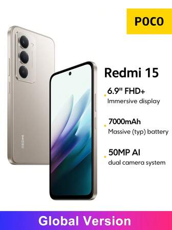 Redmi 15 Smartphone Global Version 6.9" FHD+ DotDisplay Up To 144Hz Refresh Rate 7000mAh (Typ) Battery 33W Fast Charging 50MP Main Camera Snapdragon 685 AI Face Unlock Xiaomi HyperOS 2 *NO NFC Version,Christmas Gifts For Children And Parents
