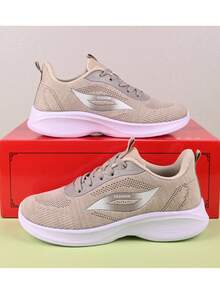 女士透气休闲运动鞋、系带非休闲运动鞋、跑步鞋 - 杏色 - 查看 14