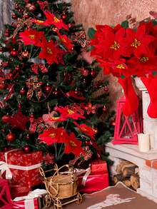 1/5 piezas, Ramos artificiales de Flor de Pascua roja (5 cabezas), Arbusto de Flor de Pascua para decoración navideña en porche, hogar, jardín, interior y exterior, Plantas de simulación navideña, Flores navideñas, Decoraciones navideñas