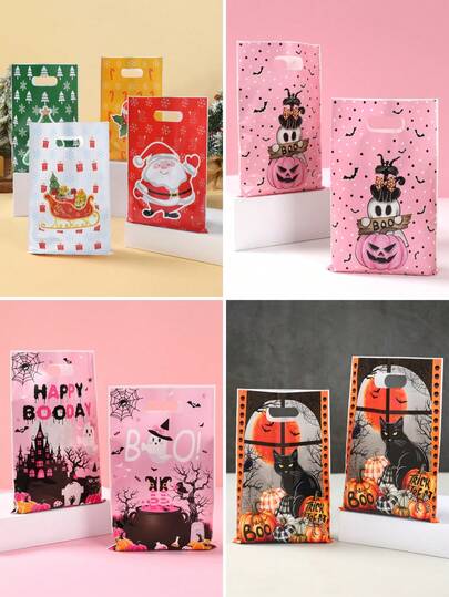10/25/50 件万圣节礼品包装袋、万圣节手提袋、万圣节南瓜鬼城堡图案万圣节装饰礼品袋、万圣节派对装饰用品、万圣节快乐礼品包装袋、万圣节不给糖就捣蛋装饰、万圣节装饰、万圣节家居装饰、房间装饰、感谢礼品袋、手提袋、万圣节用品