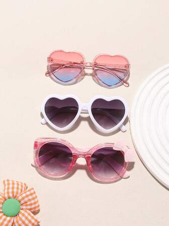 1 Set 3 PCS Girls 6-12Y Color-Block Sweet Heart Frame And Bow Accessories Cat-Eye Frame Fashion Glasses Suitable For Holiday Outings, Outfit Matching, And Holiday Gift Use