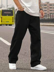 Men's Washed Light Blue Straight Jeans, Men's Loose Jeans, Retro Y2K Style, Simple And Versatile - 黑色 - 查看 3