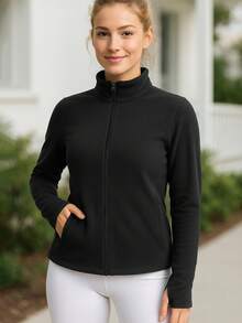Women's Autumn/Winter Sports Jacket, Slim Fit Long Sleeve Top, Soft & Comfortable Sherpa Collar Zip-Up, Suitable For Gym, Running, Commuting And Casual Daily Wear - Black - View 5