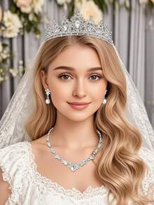 Classic Crystal Crown Necklace & Earrings Set, Fashion Jewelry Set For Brides, Bridesmaids, European & American Style