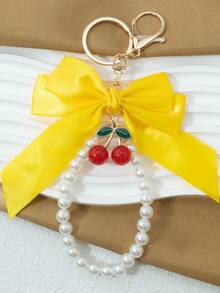 1 Elegant Faux Pearl Bracelet And Bow Decoration Keychain Pendant, Equipped With Creative Zinc Alloy Simulated Cherry Accessories, Fashionable Women's Bag Pendant, Suitable For Bag Chains, Mobile Phone Hanging Chains, Keychains, And Gifts For Friends' Mothers Christmas