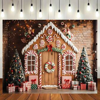 涤纶圣诞仙境摄影背景 - 多功能木屋和糖果树设计，适合肖像和派对装饰