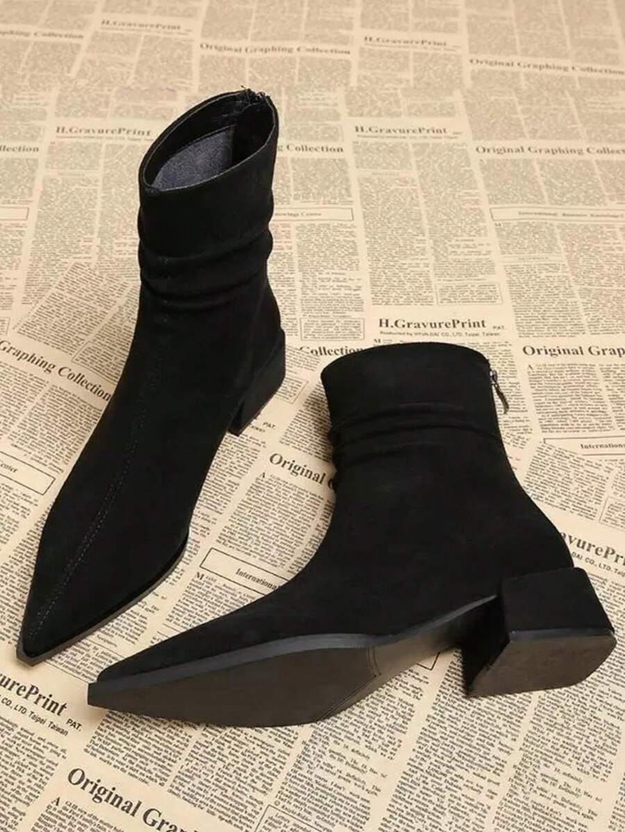 Giày bốt cổ ngắn gót chunky kiểu Pháp thời thượng dành cho nữ, mẫu mới thu đông 2025. - màu đen - Xem 1