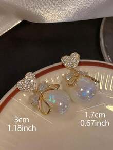 1pair Elegant Faux Pearl Bowknot Heart Diamond-Encrusted Mermaid Princess Earrings For Sweet Luxury Date Night - 黃金 - 查看 5
