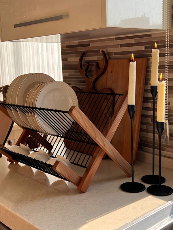 Estante plegable de bambú de 2 niveles - Organizador de almacenamiento y secado de cocina multinivel con rejilla desmontable para cubiertos, a prueba de humedad y fácil de montar, diseño moderno y ahorra espacio, estante para tazones de cocina, accesorio de cocina duradero - Decoración navideña