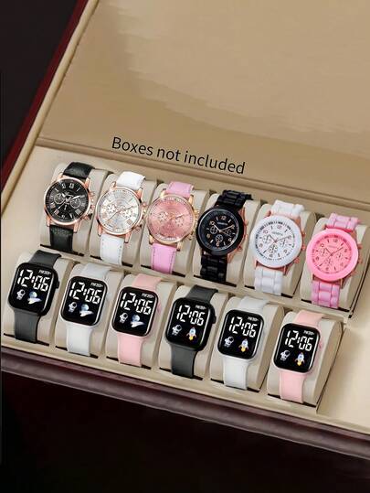 12 piezas Relojes artísticos para hombre de colores y estilos surtidos, regalo del Día de San Valentín, con pantalla analógica digital, cuarzo y LED digital, correa de silicona, relojes electrónicos, relojes de pareja