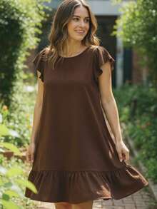Plus Size Midi Dress, Large And Small Sizes, Ruffle, Puffy Princess Sleeves, Loose, Dune - Rust Brown - View 1
