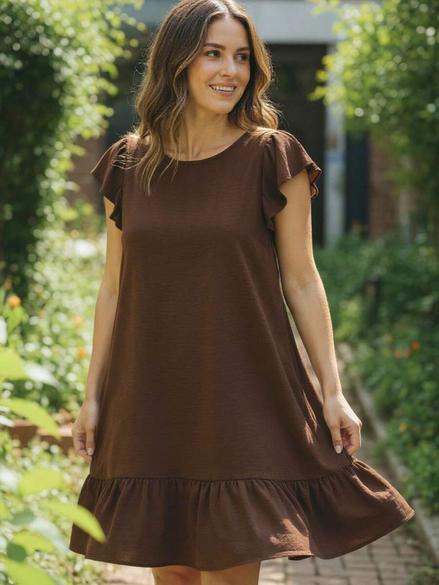 Plus Size Midi Dress, Large And Small Sizes, Ruffle, Puffy Princess Sleeves, Loose, Dune - Rust Brown - View 1