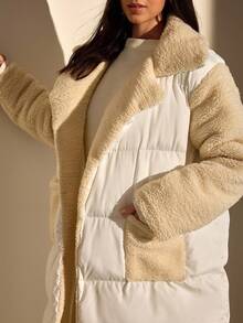 Women's Casual Long Sleeve Faux Fur Patchwork Down Coat, Turndown Collar Design, With Zipper Pockets