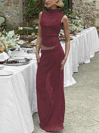 女士纯色圆领波点背心和长裙两件套紧身性感套装生日派对俱乐部约会休闲服