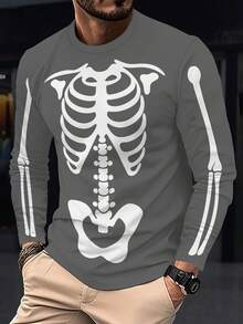 Men'S Fashion 3D Printed Long Sleeve T-Shirt, Casual Knit Polyester Top, Regular Fit, Round Neck, Geometric Skeleton Design, Spring/Autumn Season, Stretch Fabric, Unisex