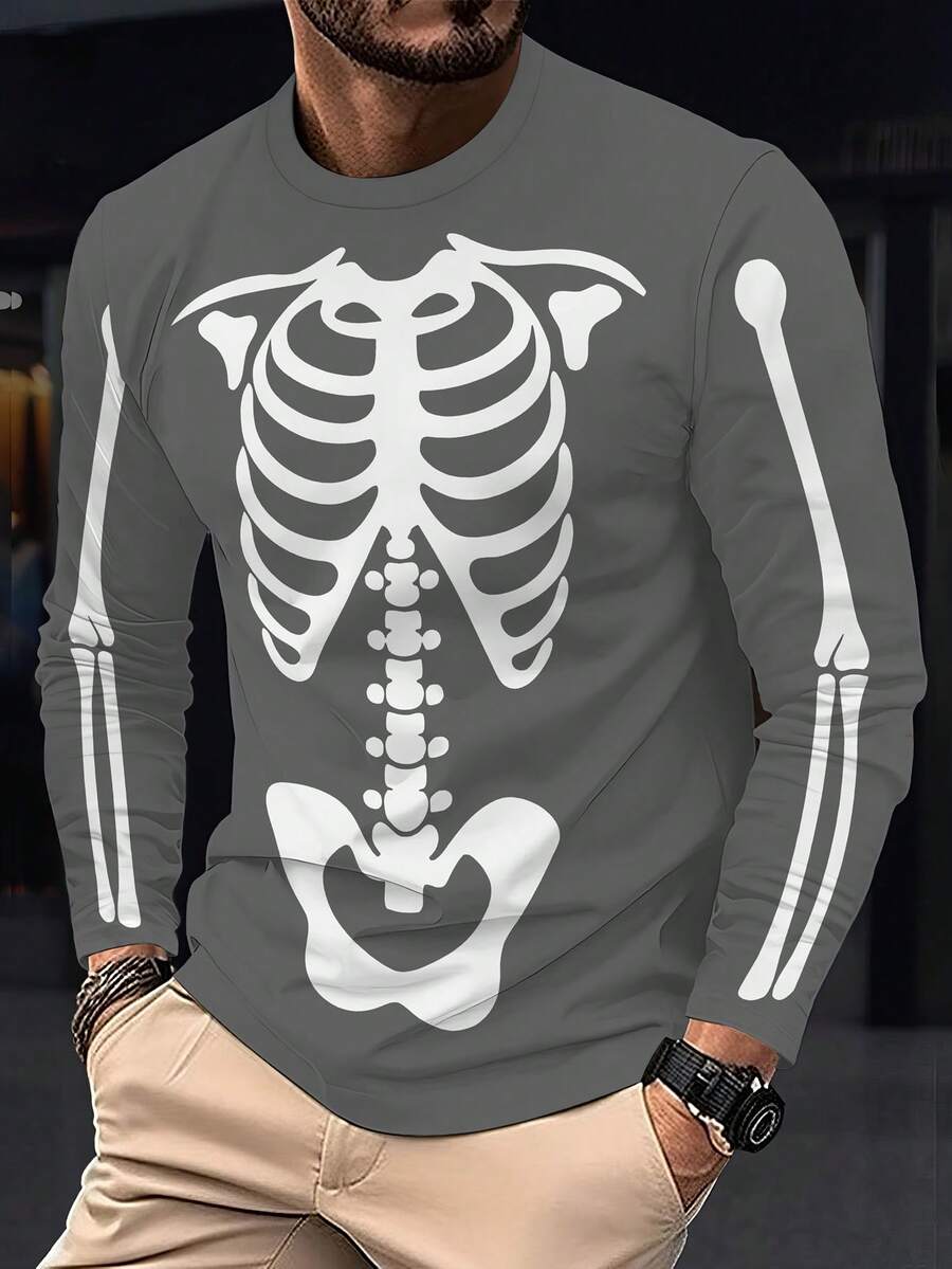 Men'S Fashion 3D Printed Long Sleeve T-Shirt, Casual Knit Polyester Top, Regular Fit, Round Neck, Geometric Skeleton Design, Spring/Autumn Season, Stretch Fabric, Unisex