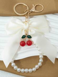 1 Elegant Faux Pearl Bracelet And Bow Decoration Keychain Pendant, Equipped With Creative Zinc Alloy Simulated Cherry Accessories, Fashionable Women's Bag Pendant, Suitable For Bag Chains, Mobile Phone Hanging Chains, Keychains, And Gifts For Friends' Mothers Christmas