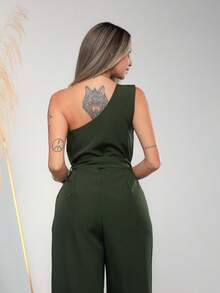 Macacao feminina de um ombro com Bolso Dividido com cinto de tecios para Amarrar C3152 - Verde Militar - Visão 6